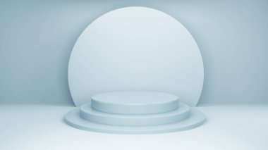 Ürün sunumu için minimalist kaide. Şov modeli şablonu. Mavi arka plan. 3d resimleme.