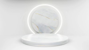 Beyaz stüdyo odasındaki geometrik silindir şekilli arka plan, podyum görüntüleme veya vitrin için minimalist model, 3D görüntüleme.