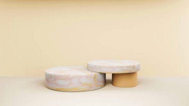 Beyaz ve altın renkli stüdyo odasındaki geometrik silindir şekilli arka plan, podyum veya vitrin için minimalist model, 3D görüntüleme.