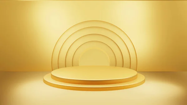 Oro Luxury podio colore sfondo 3D con forme geometriche cerchio, visualizzare piedistallo vuoto su un piano Parete curva la piattaforma per la presentazione del prodotto minimo, cosmetici, spazio copia, rendering. — Foto Stock