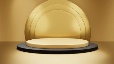 Sarı arka planda altın renkli, soyut bir 3D podyum. Ödül töreni ya da bir sanatçının performansı için podyum sahnesi. Stock 3B resimleme.