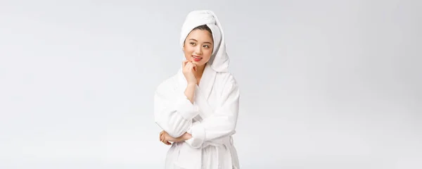 Spa Skincare Beauty Asian Woman Drying Hair Towel Head Shower — Stock Photo, Image