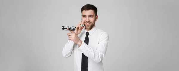 Lifestyle and Business Concept - Portrait of a handsome businessman enjoy talking with mobile phone. Isolated White background. Copy Space. — Stock Photo, Image