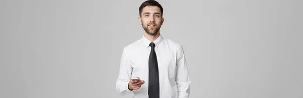 Lifestyle and Business Concept - Portrait of a handsome businessman enjoy talking with mobile phone. Isolated White background. Copy Space. — Stock Photo, Image