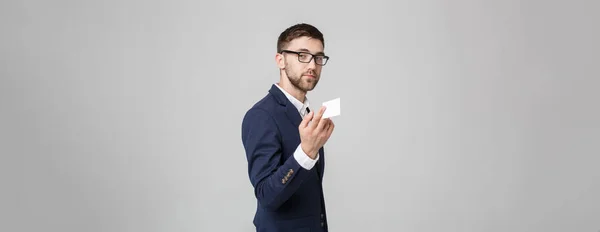 Business Concept - Portrait Handsome Business man showing name card with smiling confident face. White Background.Copy Space. — Stock Photo, Image