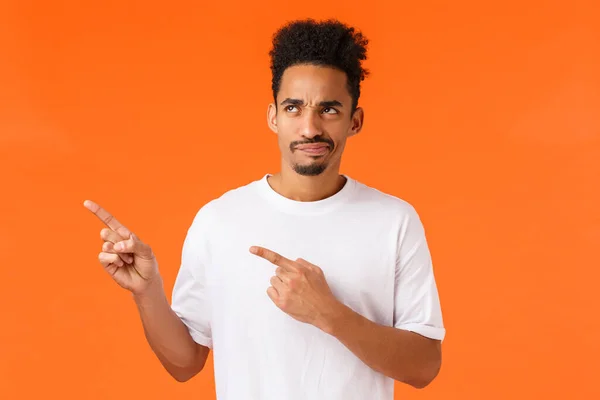 Skeptical Reluctant Disappointed African American Man Afro Haircut Moustache Pointing — Stock Photo, Image