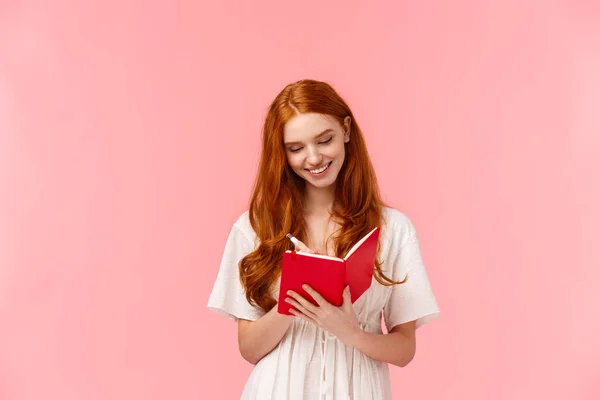 Lovely Sensual Stylish Redhead Girl Making List Studying Writing Homework — Stock Photo, Image