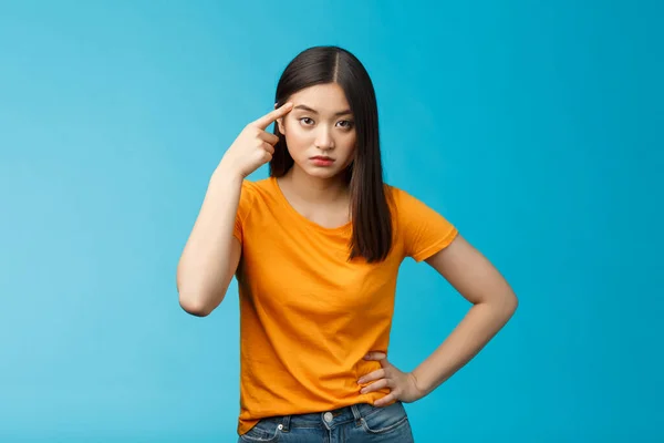 Pissed Irritated Asian Girl Look Annoyed Bend Camera Roll Finger — Foto Stock