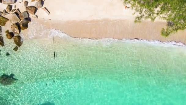 Vacker Tropisk Strand Antenn Fågel Blick Havsvågor Kraschar Mot Tom — Stockvideo