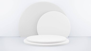 Ürün sunumu için soyut beyaz kompozisyonda podyum, 3d görüntüleme, 3d illüstrasyon.