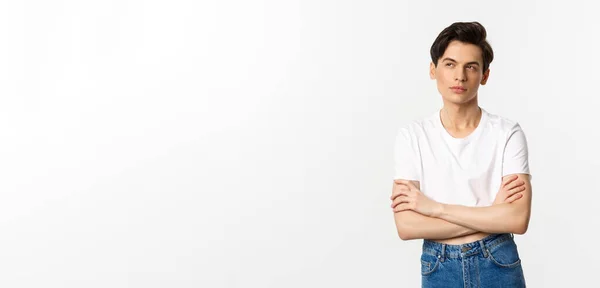 Thoughtful Gay Man Crop Top Looking Upper Left Corner Thinking — Stock Photo, Image