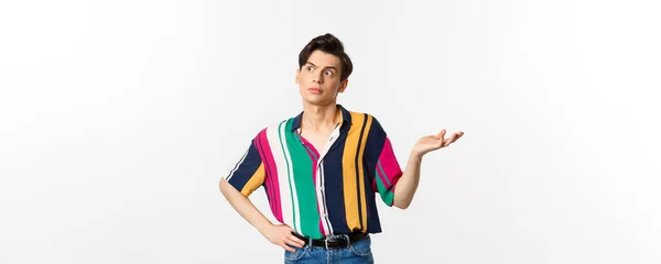 Confused Gay Man Looking Left Something Strange Raising Hand Clueless — Stock Photo, Image