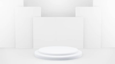 Ürün sunumu için soyut beyaz kompozisyonda podyum, 3d görüntüleme, 3d illüstrasyon.