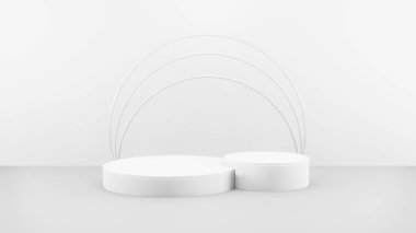 Ürün sunumu için soyut beyaz kompozisyonda podyum, 3d görüntüleme, 3d illüstrasyon.