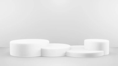 Ürün sunumu için soyut beyaz kompozisyonda podyum, 3d görüntüleme, 3d illüstrasyon.
