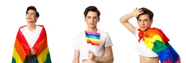 誇りとLgbtqの概念 白い背景の上に立って 顔やカメラを見て輝く虹の旗を持つ魅力的な男性のセット — ストック写真