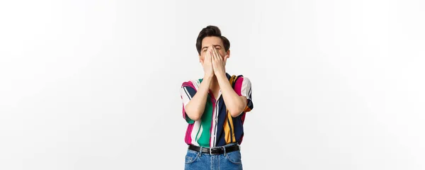 Image Young Stylish Man Sneezing Hands Standing White Background — Stock Photo, Image