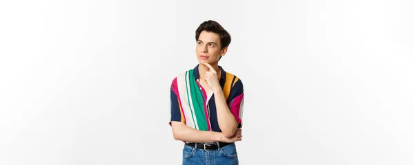 Portrait Thoughtful Queer Man Stylish Shirt Looking Upper Left Corner — Stock Photo, Image