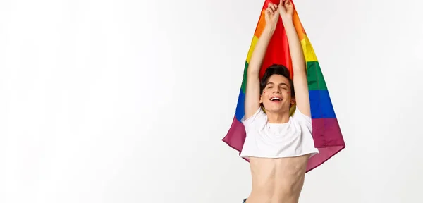 Vertical View Proud Happy Gay Man Raising Lgbtq Rainbow Flag — Stock Photo, Image