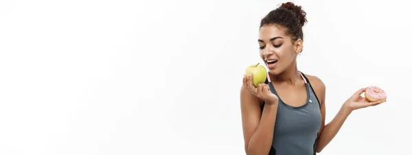 Healthy Diet Concept Beautiful Sporty African American Make Decision Donut — Stock Photo, Image