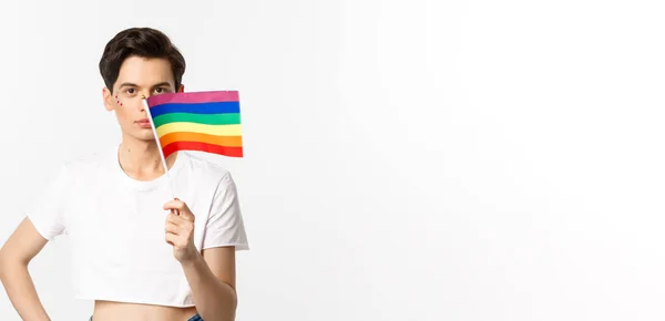 Lgbtq Comunidad Atractivo Hombre Queer Con Flitter Cara Ondeando Bandera —  Fotos de Stock