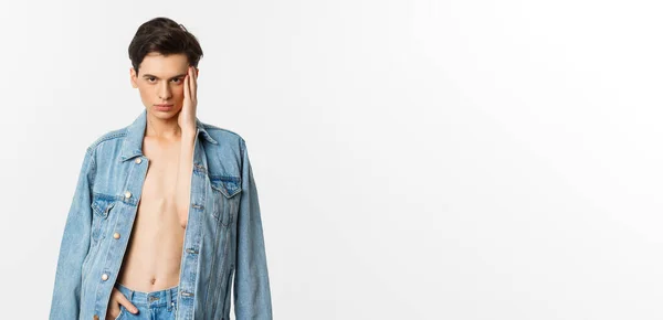 Handsome Sassy Gay Man Wearing Denim Jacket Bare Torso Touching — Stock Photo, Image