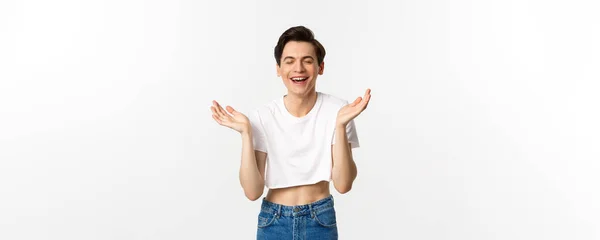Lgbtq Pride Concept Happy Young Gay Man Smiling Laughing Clapping — Stock Photo, Image
