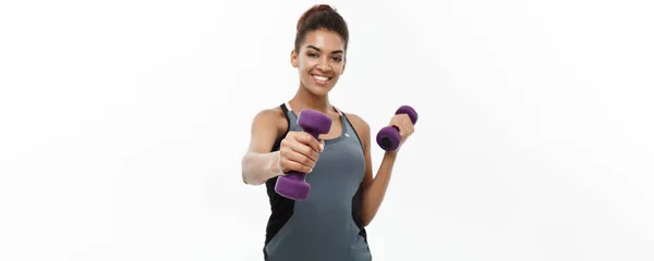 Healthy Fitness Concept Beautiful American African Lady Fitness Clothes Workout — Stock Photo, Image