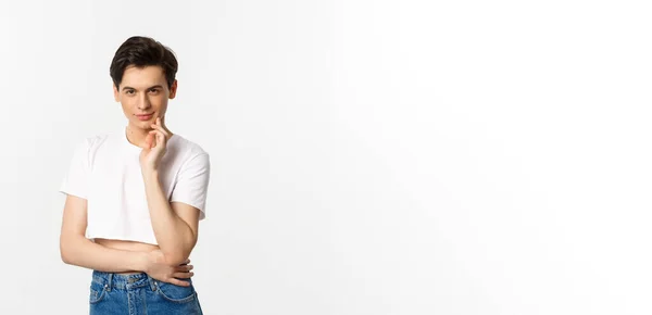 Thoughtful Young Queer Man Wearing Crop Top Smiling Looking Camera — Stock Photo, Image