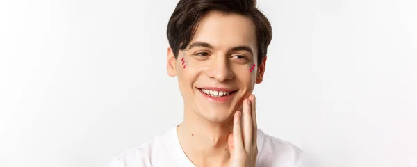 People Lgbtq Beauty Concept Headshot Beautiful Gay Man Glitter Face — Stock Photo, Image