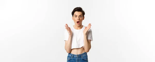 Lgbtq Pride Concept Image Surprised Queer Guy Clap Hands Looking — Stock Photo, Image