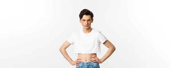 Handsome Androgynous Man Crop Top Looking Confident Camera Holding Hands — Stock Photo, Image