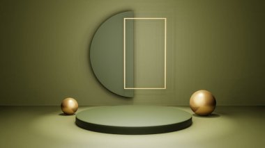 Abstract empty podium with shadows on green background. Mock up stand for product presentation. 3D Render. Minimal concept. Advertising template.