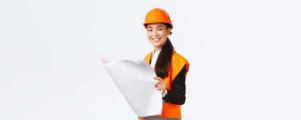 Pleased Smile Female Construction Manager Asian Blueprint Building House Looking — Stok Foto