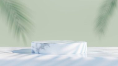 Abstract background with natural podiums and long shadows on a green wall, an empty showcase for cosmetic products demonstration or presentation. 3d illustration render