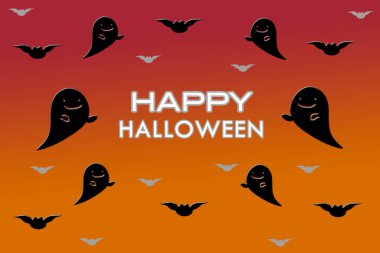 Portrait of Halloween decorations with ghost on orange background.