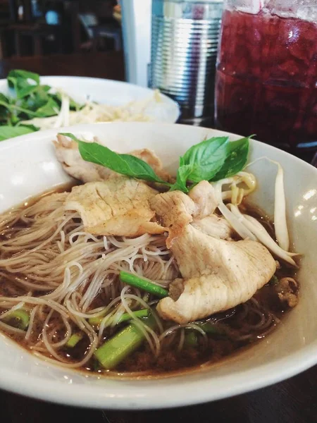 Thai style noodle blood soup,boat noodle,delicious dish,famous Thai noodle soup. Say Moo nam tok.