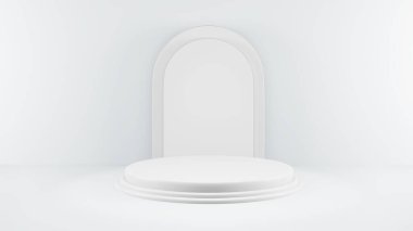 3D tasvir soyut minimal beyaz vitrin, ürün sahnesi için maket, beyaz arkaplan üzerinde soyut geometrik şekil grubu