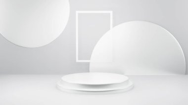 3D tasvir soyut minimal beyaz vitrin, ürün sahnesi için maket, beyaz arkaplan üzerinde soyut geometrik şekil grubu