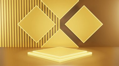 3d platform studio minimal scene with gold platform. studio background luxury podium. Shiny platform to show product. Stage showcase platform modern 3d illustion render studio