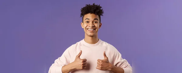 Close Portrait Enthusiastic Handsome Young Teenage Guy College Student Recommend — Stock Photo, Image