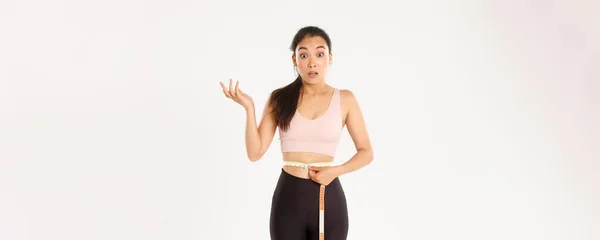 Fitness Healthy Lifestyle Wellbeing Concept Surprised Asian Girl Diet Sportswoman — Stock Photo, Image
