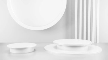 Geometric shape background in the white and grey studio room, minimalist mockup for podium display or showcase, 3d rendering
