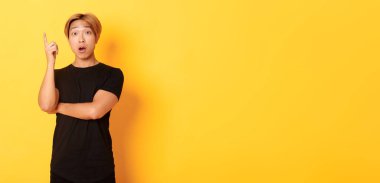 Düşünceli yakışıklı Asyalı bir adamın portresi parmağını kaldırıyor, fikri öne sürüyor, sarı arka planda duruyor.