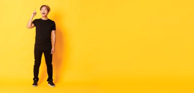 Uzun boylu, yakışıklı Asyalı adam, parmağını kaldırıyor, iyi fikir, sarı arka planda duruyor..