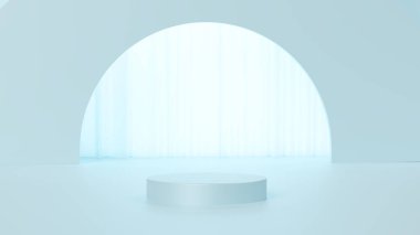 Işık, pastel, bebek mavisi 3D sunum podyumu için basit, minimal arkaplan oluşturma, sunum için ayakta durma geometrik arkaplan güzellik kozmetik ürünleri için şablon duvar kağıdı maketi