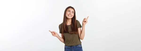 Retrato Alegre Surpreso Jovem Senhora Isolado Sobre Fundo Cinza Olhando — Fotografia de Stock