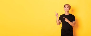 Düşünceli ve memnun Asyalı yakışıklı adam gülümsüyor ve sol üst köşeyi işaret ediyor, sarı arka planın üzerinde duruyor..