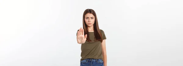 Portret Van Een Jonge Vrouw Maken Stopbord Voor Camera — Stockfoto