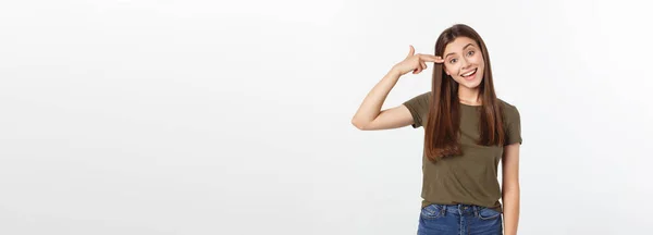 Hermosa Mujer Caucásica Sonriendo Con Boca Abierta Palmas Abiertas — Foto de Stock